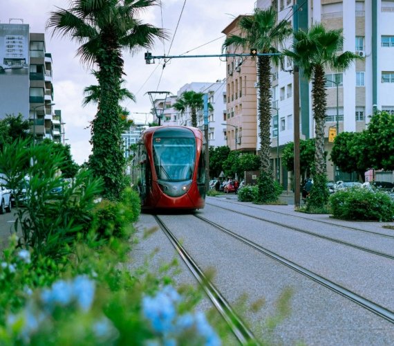 A red tram running along tracks through central Casablanca with tall modern buildings lining the street