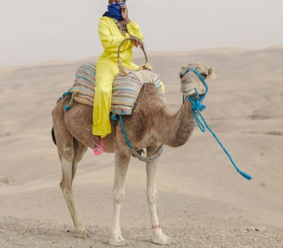 A rider sitting high on a saddled camel on golden sand under a bright sky near Marrakech