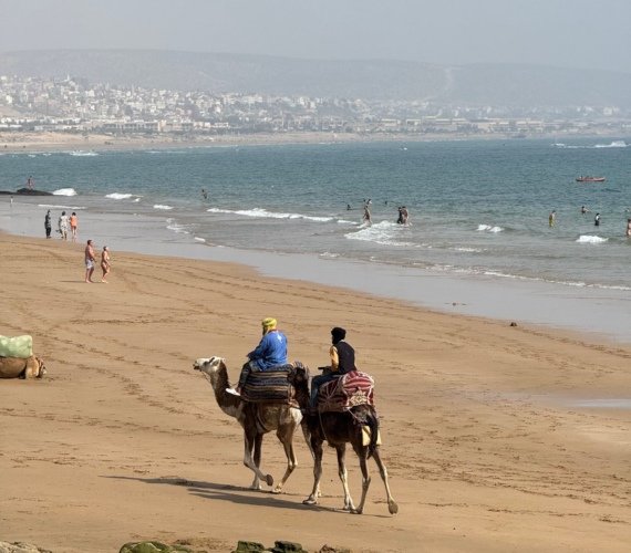 Two riders on camels walking along a sandy Moroccan beach beside the ocean