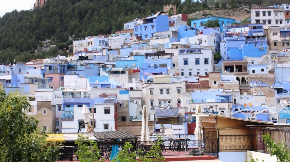 Panoramic view of Chefchaouen's blue-washed houses clustered on the hillside of the Rif Mountains